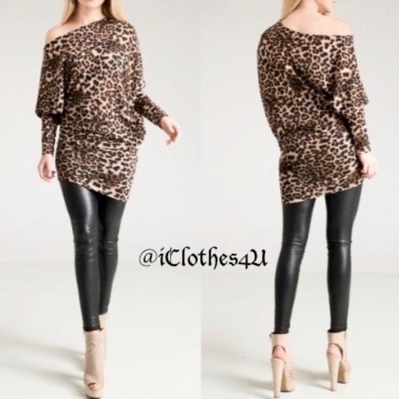 Tops - Leopard Print Unbalanced Knit Top